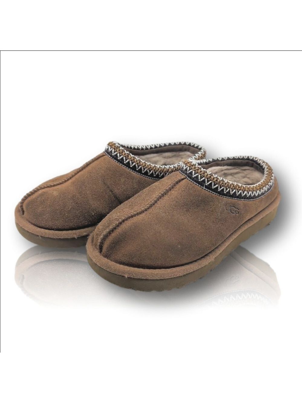 Women's UGG Brown Suede Slippers with White Trim, Size 6